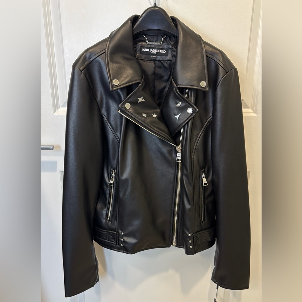 $250 Karl Lagerfeld Paris Women's Logo Pin Asymmetrical Moto Jacket Size XL
